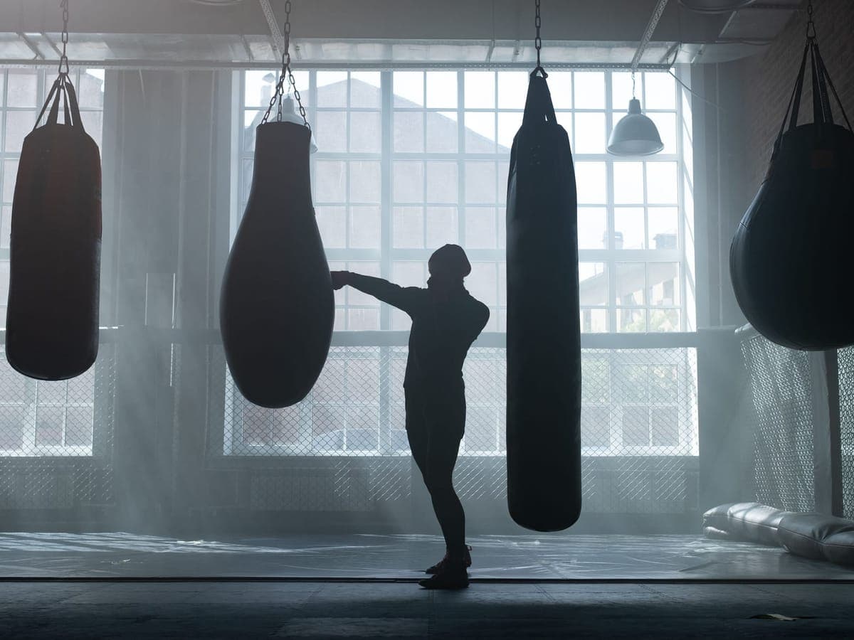 A boxer silhouetted against gym windows, punching one of a row of hanging heavy bags — Bag & Bell, boxing & combat sports gear